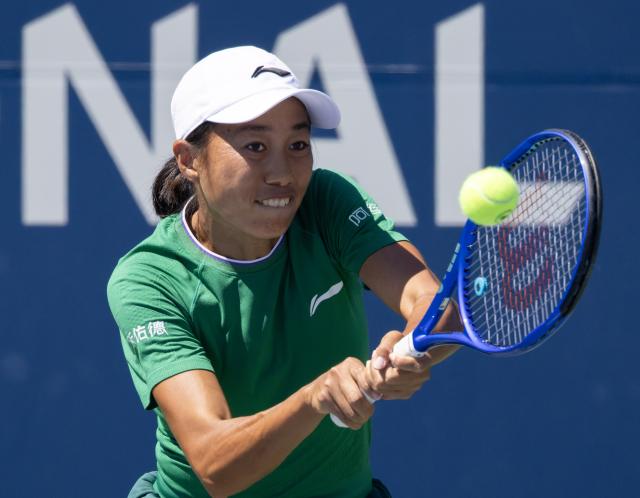(260804) -- TORONTO, Aug. 4, 2026 (Xinhua) -- Zhang Shuai of China returns the ball during the first round of the women's singles match between Yulia Putintseva of Kazakhstan and Zhang Shuai of China at the 2026 National Bank Open tennis tournament in Toronto, Canada, on Aug. 3, 2026. (Photo by Zou Zheng/Xinhua)