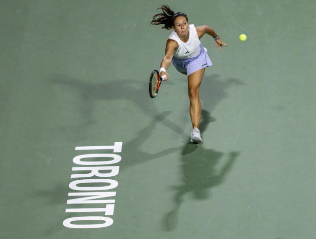 (260804) -- TORONTO, Aug. 4, 2026 (Xinhua) -- Daria Kasatkina of Australia returns the ball during the first round of the women's singles match between Wang Xinyu of China and Daria Kasatkina of Australia at the 2026 National Bank Open tennis tournament in Toronto, Canada, Aug. 3, 2026. (Photo by Zou Zheng/Xinhua)