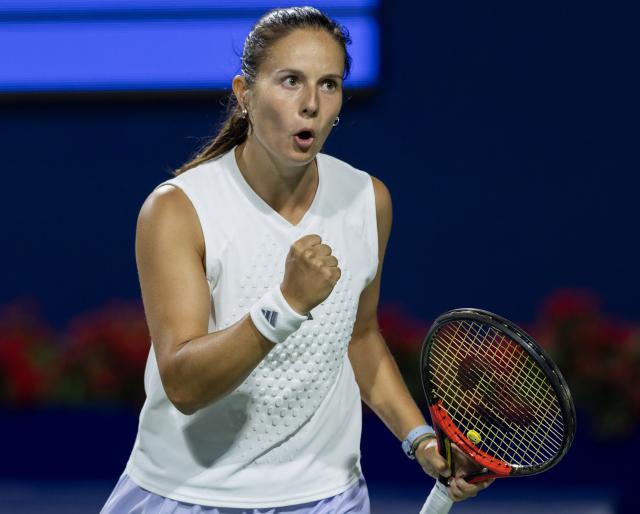 (260804) -- TORONTO, Aug. 4, 2026 (Xinhua) -- Daria Kasatkina of Australia celebrates a point during the first round of the women's singles match between Wang Xinyu of China and Daria Kasatkina of Australia at the 2026 National Bank Open tennis tournament in Toronto, Canada, Aug. 3, 2026. (Photo by Zou Zheng/Xinhua)