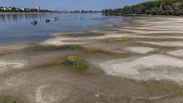 (260804) -- VUKOVAR, Aug. 4, 2026 (Xinhua) -- This aerial drone photo taken on Aug. 4, 2026 shows the exposed riverbed of the Danube River near Vukovar, Croatia after a prolonged heatwave. (Davor Javorovic/PIXSELL via Xinhua)