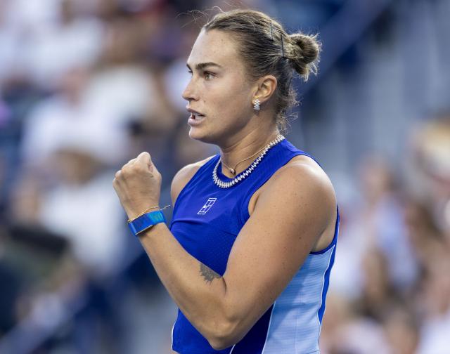 (260805) -- TORONTO, Aug. 5, 2026 (Xinhua) -- Aryna Sabalenka of Belarus celebrates during the second round of the women's singles match between Aryna Sabalenka of Belarus and Uchijima Moyuka of Japan at the 2026 National Bank Open tennis tournament in Toronto, Canada, on Aug. 4, 2026. (Photo by Zou Zheng/Xinhua)