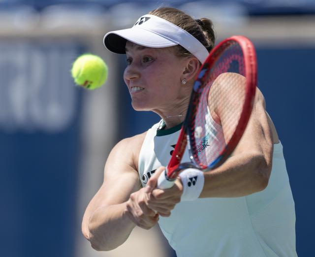 (260806) -- TORONTO, Aug. 6, 2026 (Xinhua) -- Elena Rybakina of Kazakhstan returns the ball during the second round of the women's singles match between Daria Kasatkina of Australia and Elena Rybakina of Kazakhstan at the 2026 National Bank Open tennis tournament in Toronto, Canada, on Aug. 5, 2026. (Photo by Zou Zheng/Xinhua)