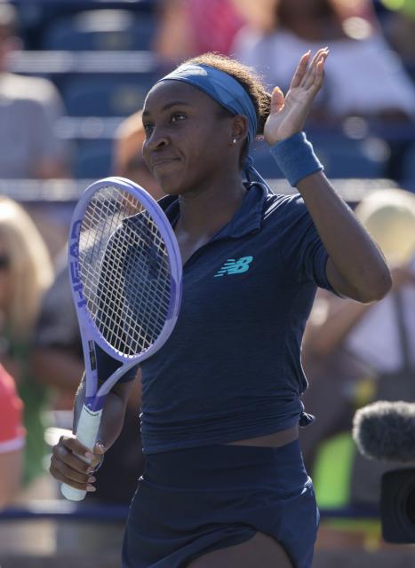 (260806) -- TORONTO, Aug. 6, 2026 (Xinhua) -- Coco Gauff of the United States celebrates victory after the second round of the women's singles match between Kayla Day of the United States and Coco Gauff of the United States at the 2026 National Bank Open tennis tournament in Toronto, Canada, on Aug. 5, 2026. (Photo by Zou Zheng/Xinhua)
