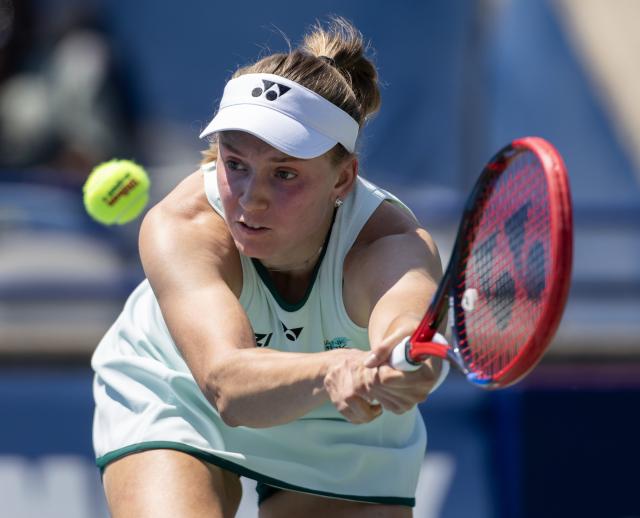 (260806) -- TORONTO, Aug. 6, 2026 (Xinhua) -- Elena Rybakina of Kazakhstan returns the ball during the second round of the women's singles match between Daria Kasatkina of Australia and Elena Rybakina of Kazakhstan at the 2026 National Bank Open tennis tournament in Toronto, Canada, on Aug. 5, 2026. (Photo by Zou Zheng/Xinhua)