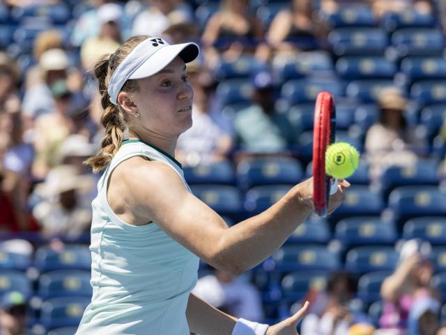 (260806) -- TORONTO, Aug. 6, 2026 (Xinhua) -- Elena Rybakina of Kazakhstan returns the ball during the second round of the women's singles match between Daria Kasatkina of Australia and Elena Rybakina of Kazakhstan at the 2026 National Bank Open tennis tournament in Toronto, Canada, on Aug. 5, 2026. (Photo by Zou Zheng/Xinhua)