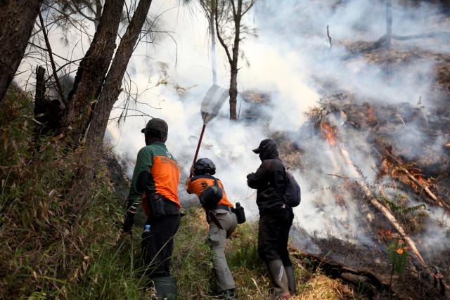 (260806) -- EAST JAVA, Aug. 6, 2026 (Xinhua) -- Joint forces battle a fire at Bromo Tengger Semeru National Park, Probolinggo Regency, East Java, Indonesia, on Aug. 6, 2026. (Photo by Bayu Novanta/Xinhua)