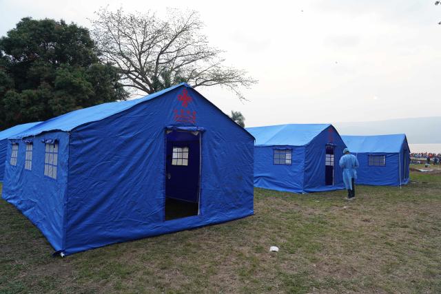 (260807) -- KINSHASA, Aug. 7, 2026 (Xinhua) -- This photo taken on Aug. 6, 2026 shows China-donated tents at an Ebola prevention and control site outside Kinshasa, capital of the Democratic Republic of the Congo (DRC). Health authorities in the DRC have intercepted a passenger boat outside Kinshasa following the death of a former passenger suspected of having Ebola, officials said Wednesday. (Xinhua)