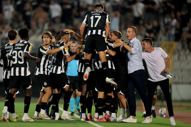 (260807) -- BELGRADE, Aug. 7, 2026 (Xinhua) -- Partizan's players celebrate first goal during the third qualifying round 1st leg football match between Partizan and Tobol at the UEFA Conference League 2026/27 in Belgrade, Serbia on Aug. 6, 2026. (Photo by Predrag Milosavljevic/Xinhua)