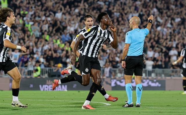 (260807) -- BELGRADE, Aug. 7, 2026 (Xinhua) -- Partizan's Demba Seck celebrates goal during the third qualifying round 1st leg football match between Partizan and Tobol at the UEFA Conference League 2026/27 in Belgrade, Serbia on Aug. 6, 2026. (Photo by Predrag Milosavljevic/Xinhua)