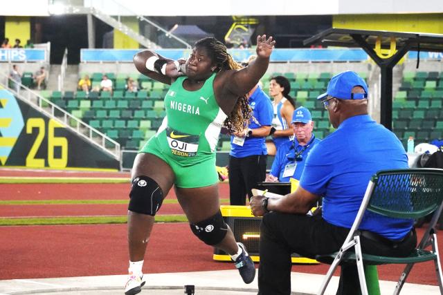(260807) -- EUGENE, Aug. 7, 2026 (Xinhua) -- Jessica Oji of Nigeria competes during the women's shot put final at the 2026 World U20 Athletics Championships in Eugene, Oregon, the United States, Aug. 6, 2026. (Xinhua/Wu Xiaoling)