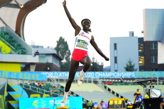 (260807) -- EUGENE, Aug. 7, 2026 (Xinhua) -- Djelika Diarra of France competes during the women's long jump final at the 2026 World U20 Athletics Championships in Eugene, Oregon, the United States, Aug. 6, 2026. (Xinhua/Wu Xiaoling)