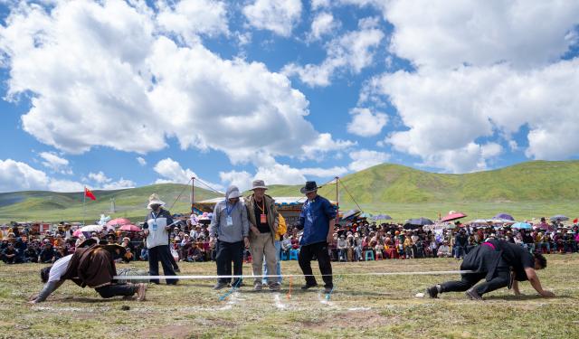 (260807) -- GARZE, Aug. 7, 2026 (Xinhua) -- People take part in a traditional tug-of-war game during the tent festival in Shiqu County of Garze Tibetan Autonomous Prefecture, southwest China's Sichuan Province, Aug. 7, 2026. A tent festival kicked off here on Friday. During the festival, local residents and tourists gather together, setting up tents and enjoying activities including horse racing, singing and dancing performances, and traditional sports competitions. (Xinhua/Jiang Hongjing)