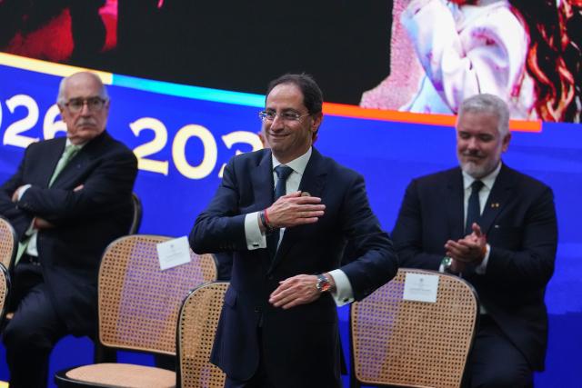 (260807) -- CALI(COLOMBIA), Aug. 7, 2026 (Xinhua) -- Colombia's Vice President-elect Jose Manuel Restrepo salutes during the new president's inauguration ceremony of Abelardo de la Espriella in Cali, Colombia, Aug. 7, 2026. Abelardo de la Espriella was sworn in as Colombia's new president on Friday in Cali, officially beginning his four-year term in office. (Photo by Andres Moreno/Xinhua)