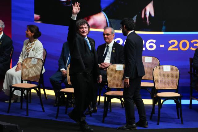 (260807) -- CALI(COLOMBIA), Aug. 7, 2026 (Xinhua) -- Argentine President Javier Milei attends the new president's inauguration ceremony of Abelardo de la Espriella in Cali, Colombia, on Aug. 7, 2026. Abelardo de la Espriella was sworn in as Colombia's new president on Friday in Cali, officially beginning his four-year term in office. (Photo by Andres Moreno/Xinhua)