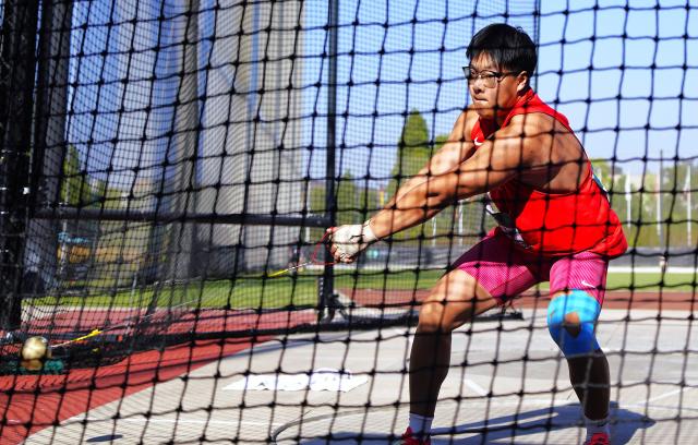 (260808) -- EUGENE, Aug. 8, 2026 (Xinhua) -- Chen Jiawei of China competes during the men's hammer throw final at the 2026 World U20 Athletics Championships in Eugene, Oregon, the United States, Aug. 7, 2026. (Xinhua/Wu Xiaoling)