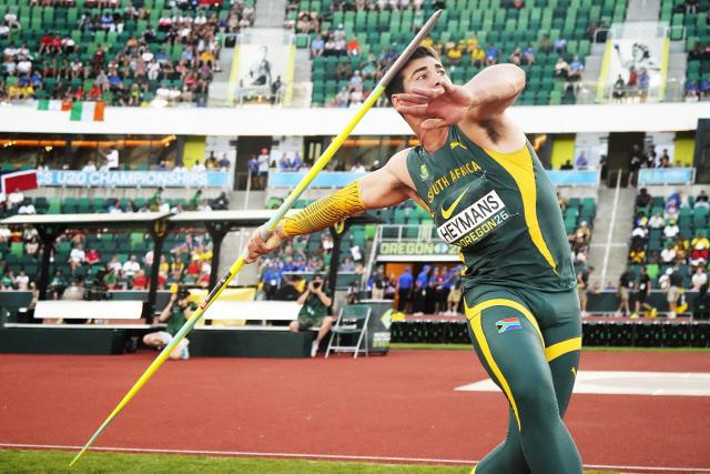 (260808) -- EUGENE, Aug. 8, 2026 (Xinhua) -- Jan-Hendrik Heymans of South Africa competes during men's javelin throw final at the 2026 World U20 Athletics Championships in Eugene, Oregon, the United States, Aug. 7, 2026. (Xinhua/Wu Xiaoling)