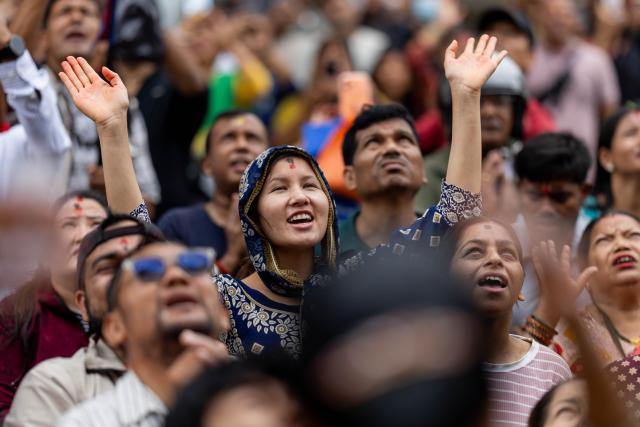 (260808) -- KATHMANDU, Aug. 8, 2026 (Xinhua) -- Devotees are seen during rituals marking the Hindu holy month of Shrawan in Kathmandu, Nepal, Aug. 8, 2026. (Photo by Sulav Shrestha/Xinhua)