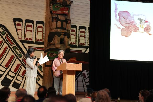 (260808) -- OTTAWA, Aug. 8, 2026 (Xinhua) -- Chinese illustrator Cai Gao delivers a speech at a ceremony of the 2026 Hans Christian Andersen Award in Ottawa, Canada, Aug. 7, 2026. Cai received the 2026 Hans Christian Andersen Award for Illustration at a ceremony in Ottawa on Friday, becoming the first Chinese illustrator to win the highest international honor for creators of children's books. (Photo by Chen Min/Xinhua)