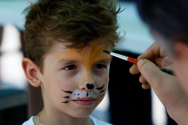 (260808) -- BUCHAREST, Aug. 8, 2026 (Xinhua) -- A child has his face colored like a lion during an event marking the upcoming World Lion Day at Bucharest Zoo in Bucharest, Romania, Aug. 8, 2026. World Lion Day is observed on Aug. 10 every year to raise people's awareness of lion conservation. (Photo by Cristian Cristel/Xinhua)