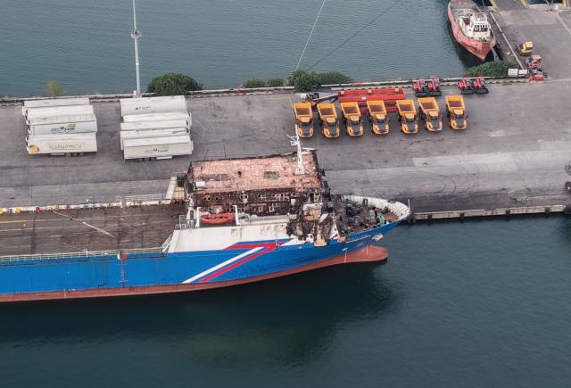 (260808) -- SAMSUN, Aug. 8, 2026 (Xinhua) -- The cargo vessel "Nadezhda" which was attacked by drones, is docked at the port of Samsun, Türkiye, Aug. 8, 2026. A Turkish cargo vessel was attacked by drones about 30 nautical miles off Russia's Black Sea port of Novorossiysk, injuring four crew members, three of them Turkish nationals, Türkiye's Ihlas News Agency reported Monday. (Mustafa Kaya/Handout via Xinhua)