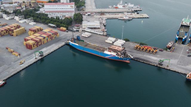 (260808) -- SAMSUN, Aug. 8, 2026 (Xinhua) -- The cargo vessel "Nadezhda" which was attacked by drones, is docked at the port of Samsun, Türkiye, Aug. 8, 2026. A Turkish cargo vessel was attacked by drones about 30 nautical miles off Russia's Black Sea port of Novorossiysk, injuring four crew members, three of them Turkish nationals, Türkiye's Ihlas News Agency reported Monday. (Mustafa Kaya/Handout via Xinhua)