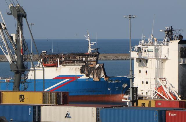 (260808) -- SAMSUN, Aug. 8, 2026 (Xinhua) -- The cargo vessel "Nadezhda" which was attacked by drones, is docked at the port of Samsun, Türkiye, Aug. 8, 2026. A Turkish cargo vessel was attacked by drones about 30 nautical miles off Russia's Black Sea port of Novorossiysk, injuring four crew members, three of them Turkish nationals, Türkiye's Ihlas News Agency reported Monday. (Mustafa Kaya/Handout via Xinhua)