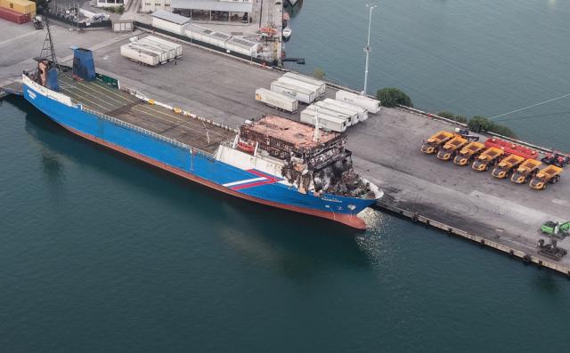 (260808) -- SAMSUN, Aug. 8, 2026 (Xinhua) -- The cargo vessel "Nadezhda" which was attacked by drones, is docked at the port of Samsun, Türkiye, Aug. 8, 2026. A Turkish cargo vessel was attacked by drones about 30 nautical miles off Russia's Black Sea port of Novorossiysk, injuring four crew members, three of them Turkish nationals, Türkiye's Ihlas News Agency reported Monday. (Mustafa Kaya/Handout via Xinhua)
