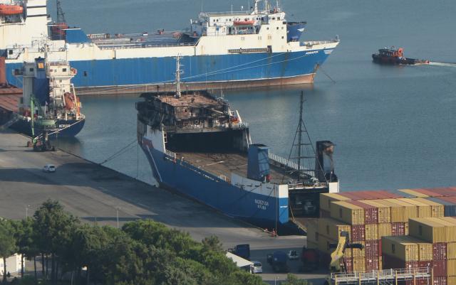 (260808) -- SAMSUN, Aug. 8, 2026 (Xinhua) -- The cargo vessel "Nadezhda" which was attacked by drones, is docked at the port of Samsun, Türkiye, Aug. 8, 2026. A Turkish cargo vessel was attacked by drones about 30 nautical miles off Russia's Black Sea port of Novorossiysk, injuring four crew members, three of them Turkish nationals, Türkiye's Ihlas News Agency reported Monday. (Mustafa Kaya/Handout via Xinhua)