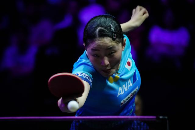 (260809) -- YOKOHAMA, Aug. 9, 2026 (Xinhua) -- Harimoto Miwa of Japan hits a return during the women's singles semifinal match between Harimoto Miwa of Japan and Wang Yidi of China at the WTT Champions Yokohama 2026 in Yokohama, Japan, Aug. 9, 2026. (Xinhua/Jia Haocheng)
