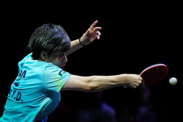 (260809) -- YOKOHAMA, Aug. 9, 2026 (Xinhua) -- Wang Yidi of China hits a return during the women's singles semifinal match between Harimoto Miwa of Japan and Wang Yidi of China at the WTT Champions Yokohama 2026 in Yokohama, Japan, Aug. 9, 2026. (Xinhua/Jia Haocheng)