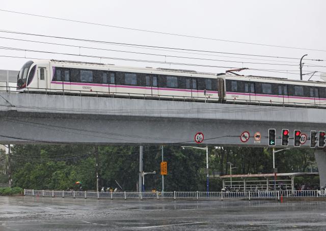 (260809) -- SHANGHAI, Aug. 9, 2026 (Xinhua) -- This photo taken on Aug. 9, 2026 shows a metro train operating at a reduced speed in Shanghai, east China. Shanghai experienced strong winds and rainfalls on Sunday as Typhoon Dolphin approached, with the typhoon's impact expected to last until Aug. 11.
  China's national observatory on Sunday activated a red alert -- the highest level in the country's typhoon warning system -- as Typhoon Dolphin approaches.
  Typhoon Dolphin is forecast to make landfall along the country's east coast from Zhoushan in Zhejiang Province to Fuding in Fujian Province, according to the National Meteorological Center (NMC). (Xinhua/Liu Ying)