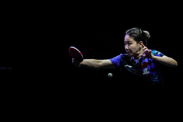 (260809) -- YOKOHAMA, Aug. 9, 2026 (Xinhua) -- Chen Xingtong of China hits a return during the women's singles final match between Harimoto Miwa of Japan and Chen Xingtong of China at the WTT Champions Yokohama 2026 in Yokohama, Japan, Aug. 9, 2026. (Xinhua/Jia Haocheng)