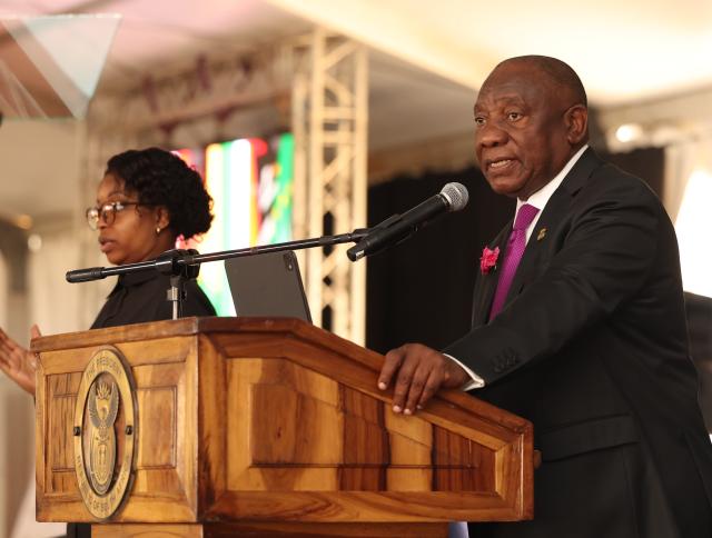 (260809) -- PRETORIA, Aug. 9, 2026 (Xinhua) -- South African President Cyril Ramaphosa speaks during the national commemoration of National Women's Day in Pretoria, South Africa, Aug. 9, 2026. South Africa on Sunday commemorated National Women's Day at the Union Buildings in Pretoria, the country's administrative capital, marking the 70th anniversary of the historic 1956 Women's March, when around 20,000 women marched to the seat of government to protest the apartheid regime's pass laws. (GCIS/Handout via Xinhua)