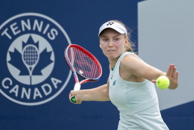 (260810) -- TORONTO, Aug. 10, 2026 (Xinhua) -- Elena Rybakina of Kazakhstan returns the ball during the women's singles round of 16 match between Liudmila Samsonova of Russia and Elena Rybakina of Kazakhstan at the 2026 National Bank Open tennis tournament in Toronto, Canada, on Aug. 9, 2026. (Photo by Zou Zheng/Xinhua)