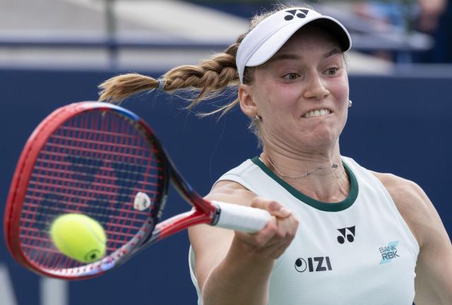 (260810) -- TORONTO, Aug. 10, 2026 (Xinhua) -- Elena Rybakina of Kazakhstan returns the ball during the women's singles round of 16 match between Liudmila Samsonova of Russia and Elena Rybakina of Kazakhstan at the 2026 National Bank Open tennis tournament in Toronto, Canada, on Aug. 9, 2026. (Photo by Zou Zheng/Xinhua)