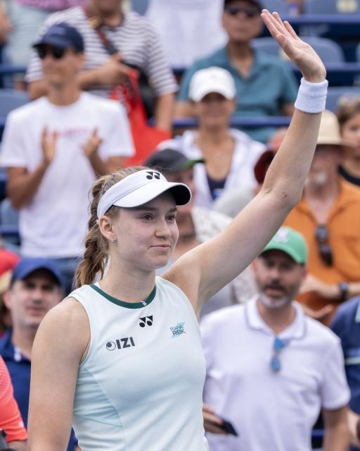 (260810) -- TORONTO, Aug. 10, 2026 (Xinhua) -- Elena Rybakina of Kazakhstan celebrates victory after the women's singles round of 16 match between Liudmila Samsonova of Russia and Elena Rybakina of Kazakhstan at the 2026 National Bank Open tennis tournament in Toronto, Canada, on Aug. 9, 2026. (Photo by Zou Zheng/Xinhua)