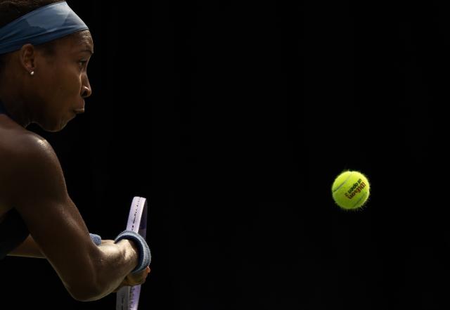 (260810) -- TORONTO, Aug. 10, 2026 (Xinhua) -- Coco Gauff of the United States returns the ball during the women's singles round of 16 match between Alina Korneeva of Russia and Coco Gauff of the United States at the 2026 National Bank Open tennis tournament in Toronto, Canada, on Aug. 9, 2026. (Photo by Zou Zheng/Xinhua)