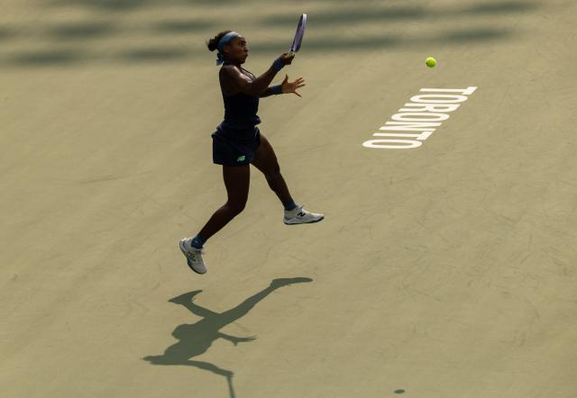 (260810) -- TORONTO, Aug. 10, 2026 (Xinhua) -- Coco Gauff of the United States returns the ball during the women's singles round of 16 match between Alina Korneeva of Russia and Coco Gauff of the United States at the 2026 National Bank Open tennis tournament in Toronto, Canada, on Aug. 9, 2026. (Photo by Zou Zheng/Xinhua)