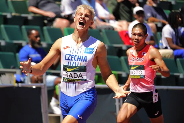 (260810) -- EUGENE, Aug. 10, 2026 (Xinhua) -- Michal Rada of the Czech Republic crosses the finish line to win the gold medal in the men's 400m hurdles final at the 2026 World U20 Athletics Championships in Eugene, Oregon, the United States, Aug. 9, 2026. (Xinhua/Wu Xiaoling)