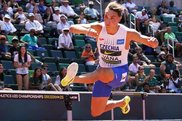 (260810) -- EUGENE, Aug. 10, 2026 (Xinhua) -- Michal Rada of the Czech Republic competes during the men's 400m hurdles final at the 2026 World U20 Athletics Championships in Eugene, Oregon, the United States, Aug. 9, 2026. (Xinhua/Wu Xiaoling)