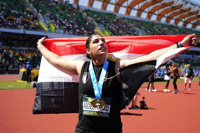 (260810) -- EUGENE, Aug. 10, 2026 (Xinhua) -- Aseel Osama Abdel Hamid of Egypt celebrates after winning the title of the women's javelin throw final at the 2026 World U20 Athletics Championships in Eugene, Oregon, the United States, Aug. 9, 2026. (Xinhua/Wu Xiaoling)
