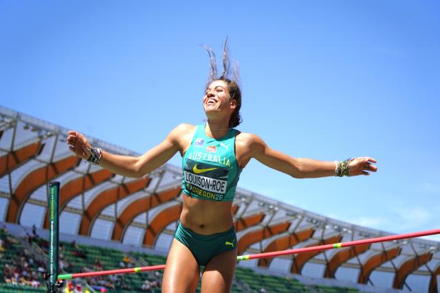 (260810) -- EUGENE, Aug. 10, 2026 (Xinhua) -- Izobelle Louison-Roe of Australia celebrates during the women's high jump final at the 2026 World U20 Athletics Championships in Eugene, Oregon, the United States, Aug. 9, 2026. (Xinhua/Wu Xiaoling)