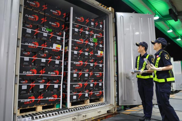 (260810) -- NAIROBI, Aug. 10, 2026 (Xinhua) -- Customs officers inspect imported apples to be cleared under China's expanded zero-tariff treatment to 53 African nations at Shenzhenwan Port in Shenzhen, south China's Guangdong Province, April 30, 2026. (Xinhua/Mao Siqian)