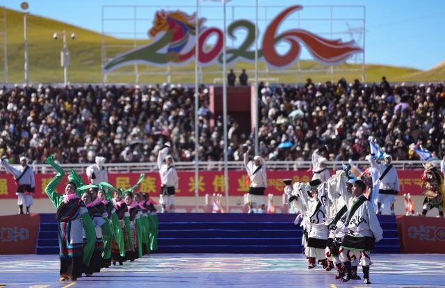 (260810) -- NAGQU, Aug. 10, 2026 (Xinhua) -- Artists perform during the opening ceremony at the Nagqu Horse Racing Festival 2026 at Gesar Racecourse in Nagqu, southwest China's Xizang Autonomous Region, Aug. 10, 2026. Featuring traditional equestrian contests, ethnic sports performances and trade fair, the event kicked off here on Monday, drawing large crowds of locals and visitors. (Xinhua/Hu Xingyu)