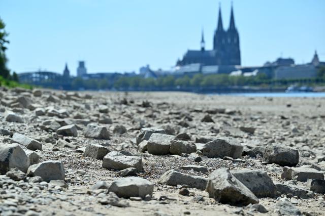 (260810) -- COLOGNE, Aug. 10, 2026 (Xinhua) -- The banks of the Rhine River are pictured in Cologne, Germany, Aug. 10, 2026. Persistent drought has caused water levels to fall along several sections of the Rhine River in Germany. (Photo by Ulrich Hufnagel/Xinhua)