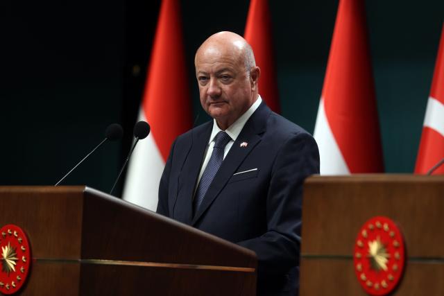 (260811) -- ANKARA, Aug. 11, 2026 (Xinhua) -- Austrian Chancellor Christian Stocker speaks at a joint press conference with Turkish President Recep Tayyip Erdogan in Ankara, Türkiye, on Aug.10, 2026. Turkish President Recep Tayyip Erdogan and visiting Austrian Chancellor Christian Stocker highlighted great potential in bilateral cooperation during a live-streamed joint press conference here on Monday. (Mustafa Kaya/Handout via Xinhua)