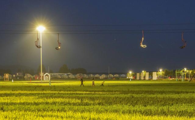 (260811) -- ZUNHUA, Aug. 11, 2026 (Xinhua) -- Tourists enjoy themselves at a paddy-field scenic area at night in Shanligezhuang Village of Zunhua, north China's Hebei Province, Aug. 10, 2026. (Photo by Liu Mancang/Xinhua)