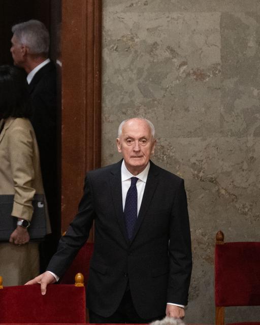 (260811) -- BUDAPEST, Aug. 11, 2026 (Xinhua) -- Andras Baka arrives at the parliament in Budapest, Hungary, Aug. 11, 2026. Hungary's parliament on Tuesday elected former Supreme Court chief Andras Baka as the country's new president. (Photo by Peter Zsolnai/Xinhua)