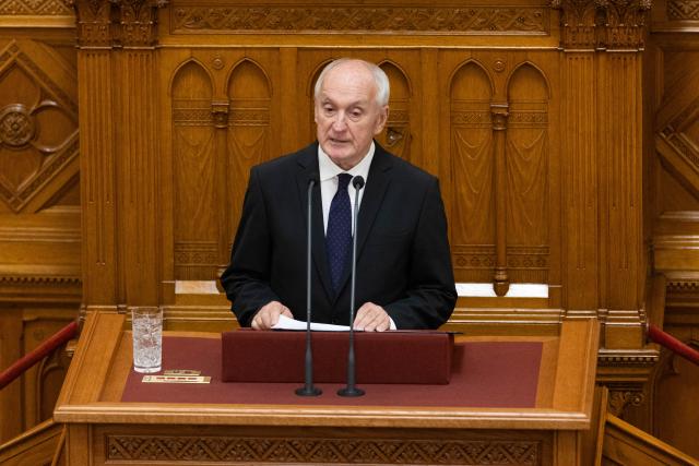 (260811) -- BUDAPEST, Aug. 11, 2026 (Xinhua) -- Andras Baka, Hungary's newly elected president, delivers a speech at the parliament in Budapest, Hungary, Aug. 11, 2026. Hungary's parliament on Tuesday elected former Supreme Court chief Andras Baka as the country's new president. (Photo by Peter Zsolnai/Xinhua)