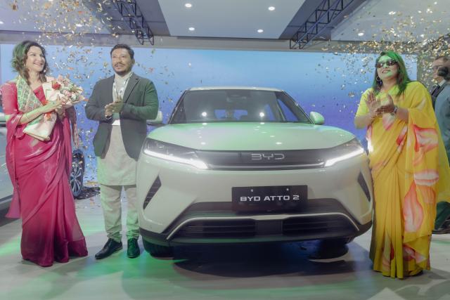 (260811) -- KATHMANDU, Aug. 11, 2026 (Xinhua) -- A BYD new car is officially launched during the NAIMA Nepal Mobility Expo 2026 in Kathmandu, Nepal, Aug. 11, 2026. An auto show featuring over 50 automobile brands from various countries kicked off in Nepal's capital Kathmandu on Tuesday, showcasing new vehicles and mobility technologies to visitors. (Photo by Sulav Shrestha/Xinhua)